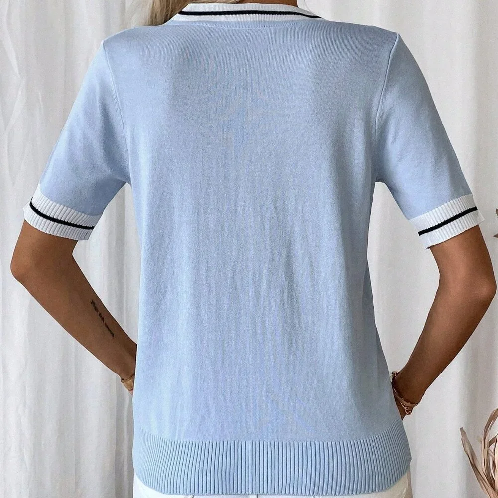 Blue Casual Women's Striped Color Block Short Sleeve Knit Top